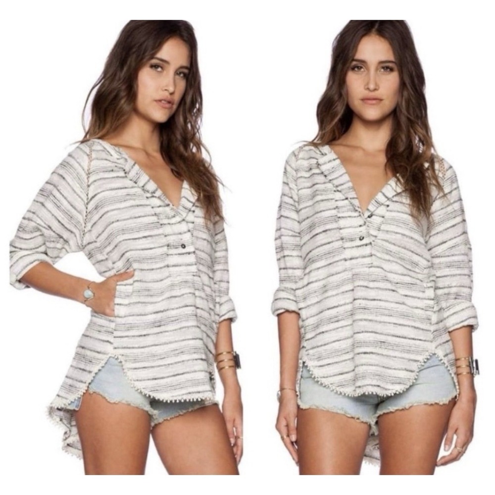 Free People Tweed Hideaway Striped Henley Tunic Top M Beach Boho Casual Oversize